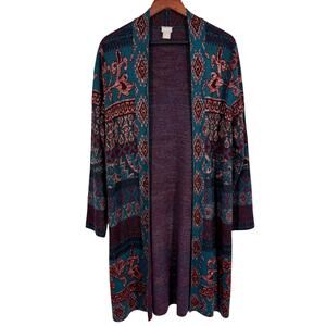 Chico's Teal, Purple & Burgundy Patterned Open Cardigan